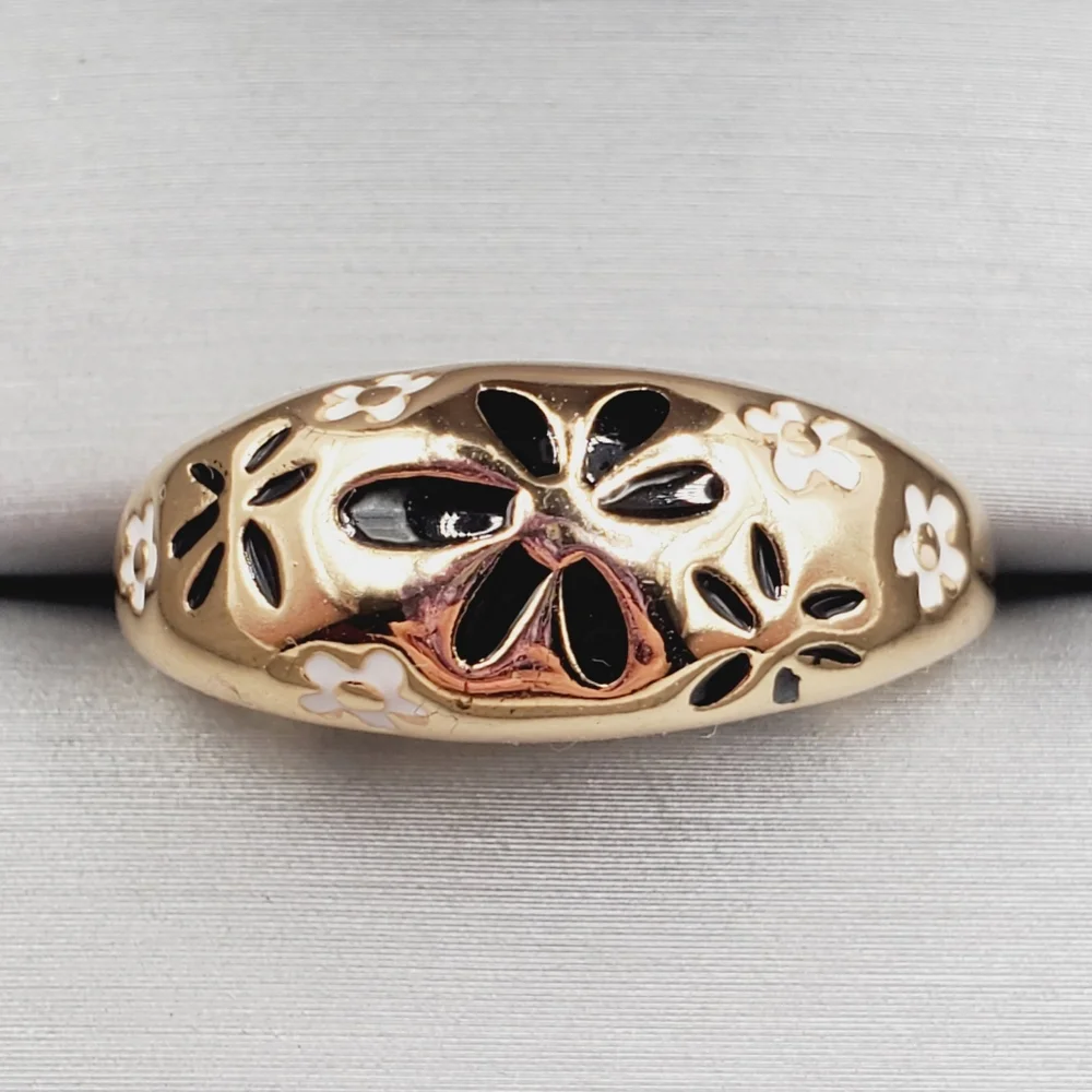 Yellow Gold Plated and Black Floral Flower Ring